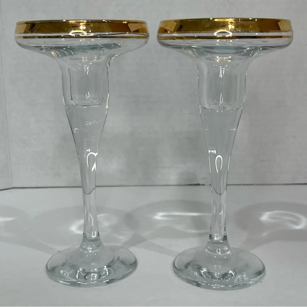 Gold Rimmed Crystal Stemmed Candlestick Holders 6.75” Formal Elegant VTG 2 Set